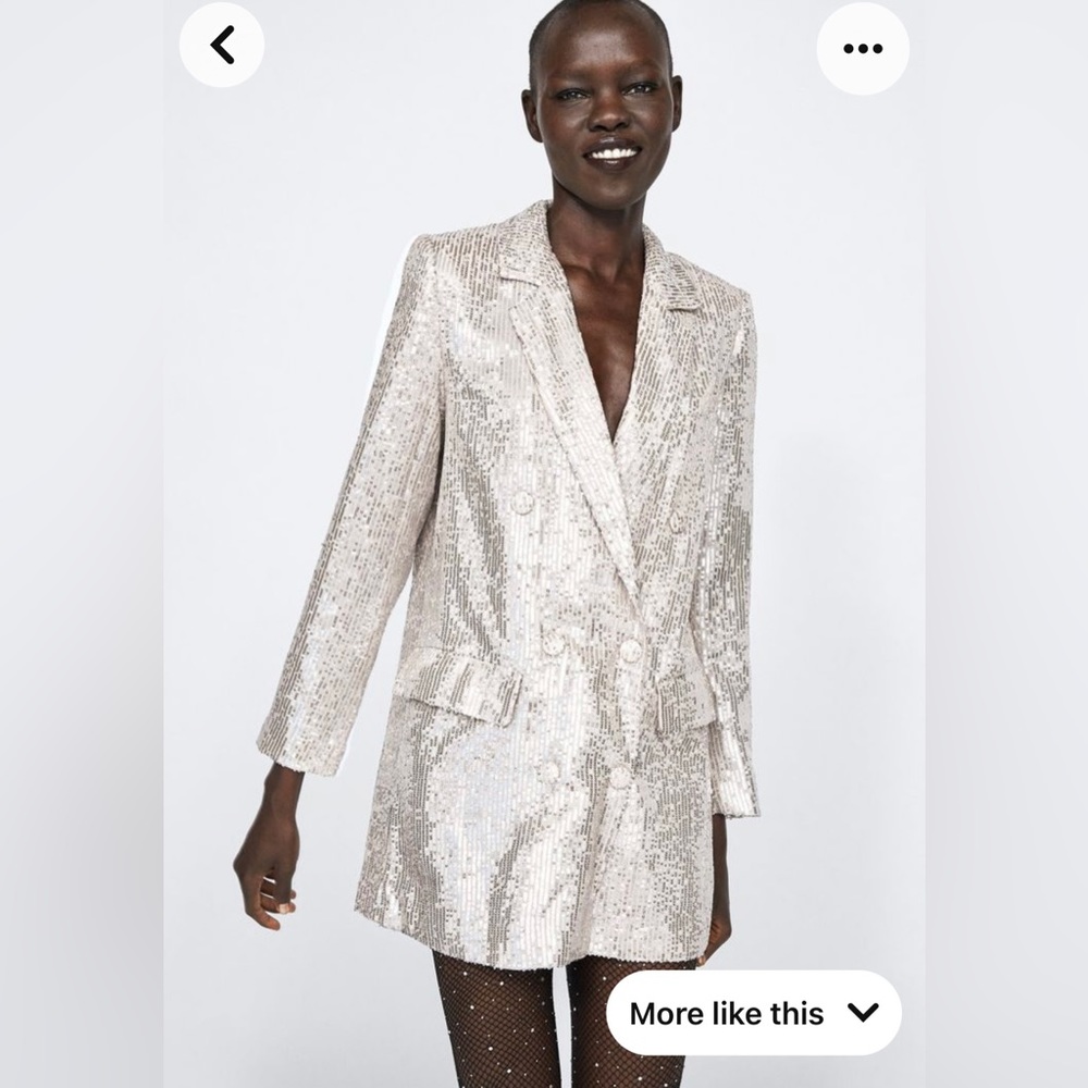 Zara TRF sequin blazer jacket mini dress silver champagne sparkly beige S